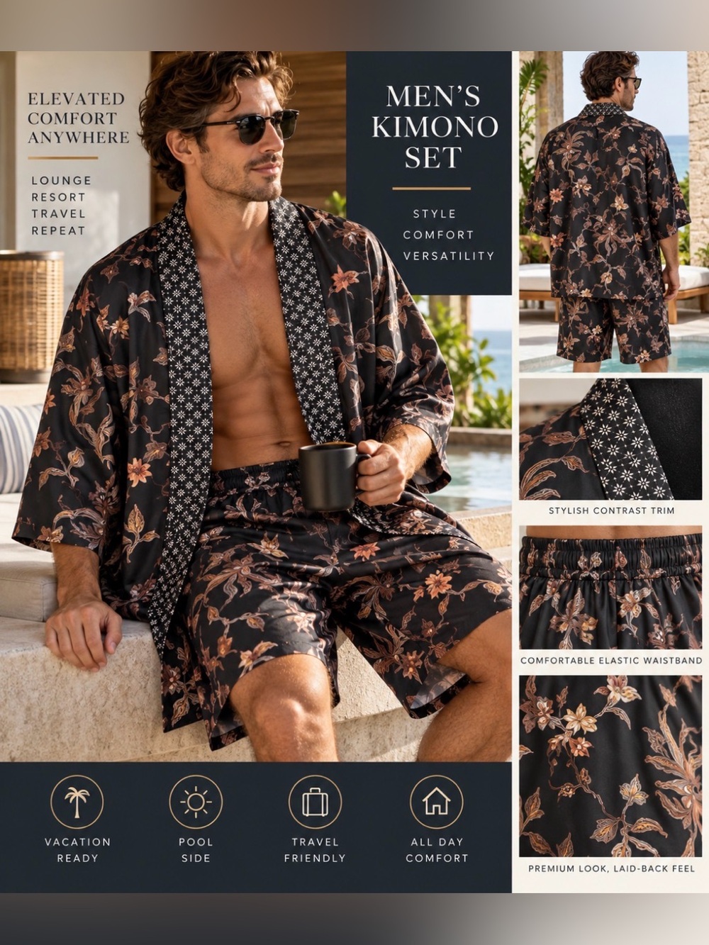 Men’s Large Floral Kimono Shorts 2 Piece Resort Lounge Set Black